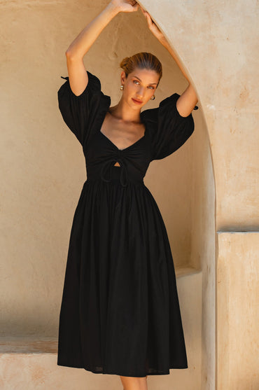 Atrani Puff Sleeve Linen Midi Dress Smocked Back Red Breathable Summer Dress-6