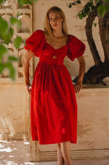 Atrani Puff Sleeve Linen Midi Dress Smocked Back Red Breathable Summer Dress-0