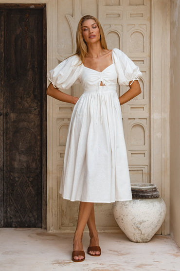 Atrani Puff Sleeve Linen Midi Dress Smocked Back Red Breathable Summer Dress-7