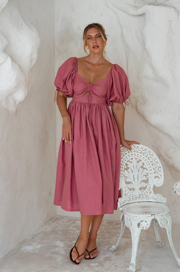 Atrani Puff Sleeve Linen Midi Dress Smocked Back Red Breathable Summer Dress-8