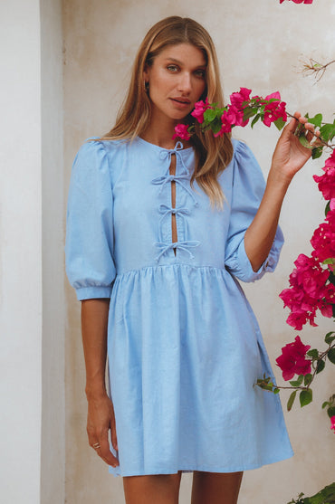 Beatrice Puff Sleeve Linen Mini Dress -0