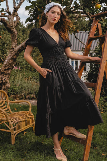 Ida Linen Midi Dress Blue V Neck Tiered Skirt Puffed Sleeves Summer Dress-4