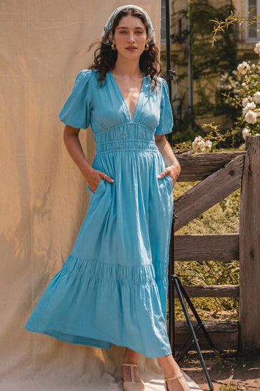 Ida Linen Midi Dress Blue V Neck Tiered Skirt Puffed Sleeves Summer Dress-0