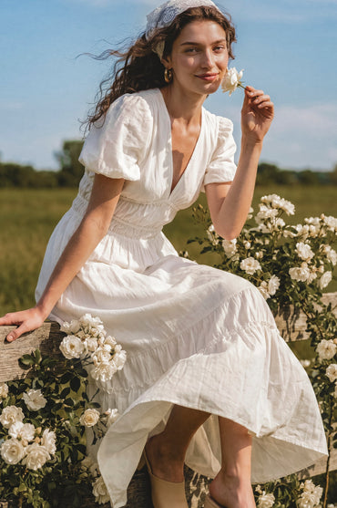 Ida Linen Midi Dress Blue V Neck Tiered Skirt Puffed Sleeves Summer Dress-7