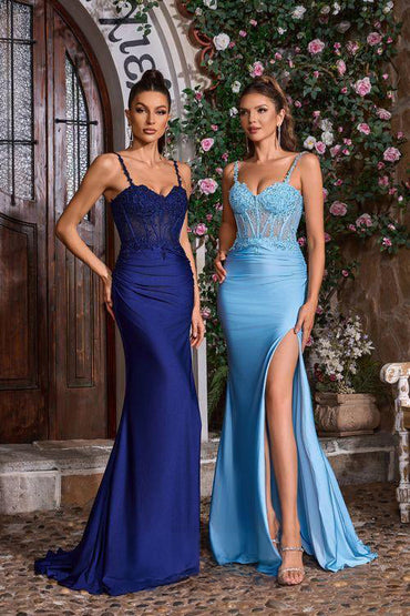 Navy Ivory Mermaid Dress with Lace Corset Back and Floral Details-2