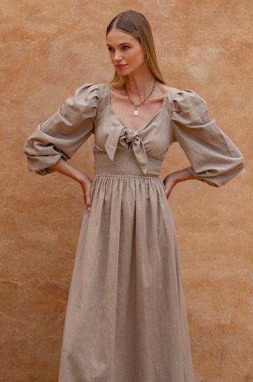 Narcisa Puff Sleeve Linen Midi Dress Shirred Waist Elastic Sleeves-0