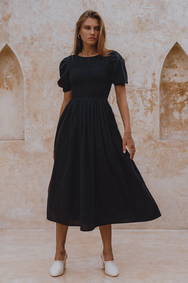 Sophie Smocked Linen Midi Dress Lightweight Puff Sleeve Summer Dress-5