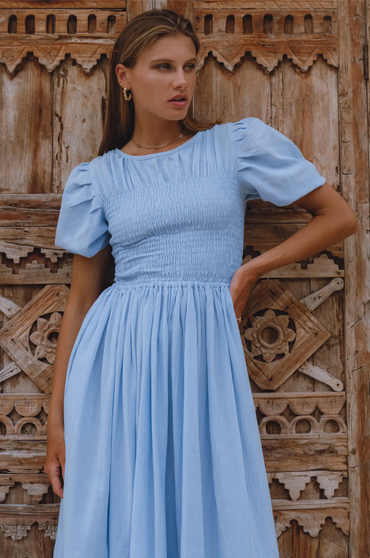 Sophie Smocked Linen Midi Dress Lightweight Puff Sleeve Summer Dress-0