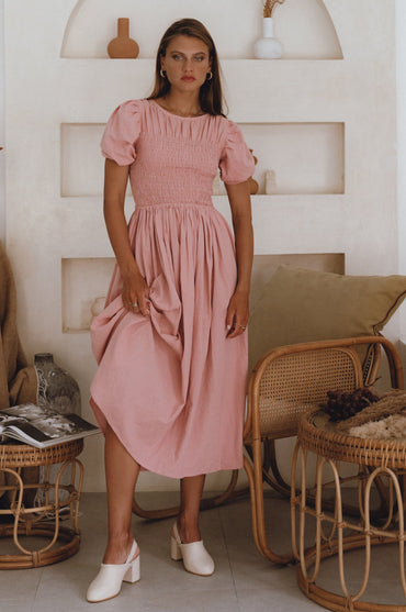 Sophie Smocked Linen Midi Dress Lightweight Puff Sleeve Summer Dress-6
