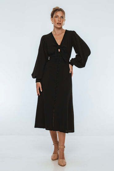Velvet Sky Long Sleeve Linen Midi Dress-7