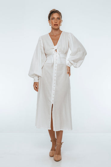 Velvet Sky Long Sleeve Linen Midi Dress-5