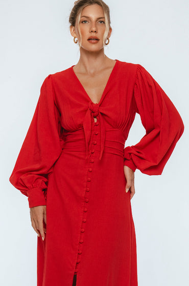 Velvet Sky Long Sleeve Linen Midi Dress-0