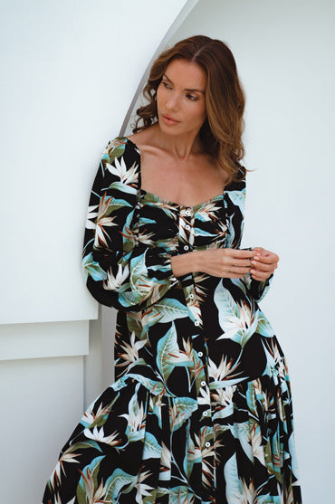 Verona Long Sleeve Midi Dress Puff Sleeve Smocked Back Sale-0