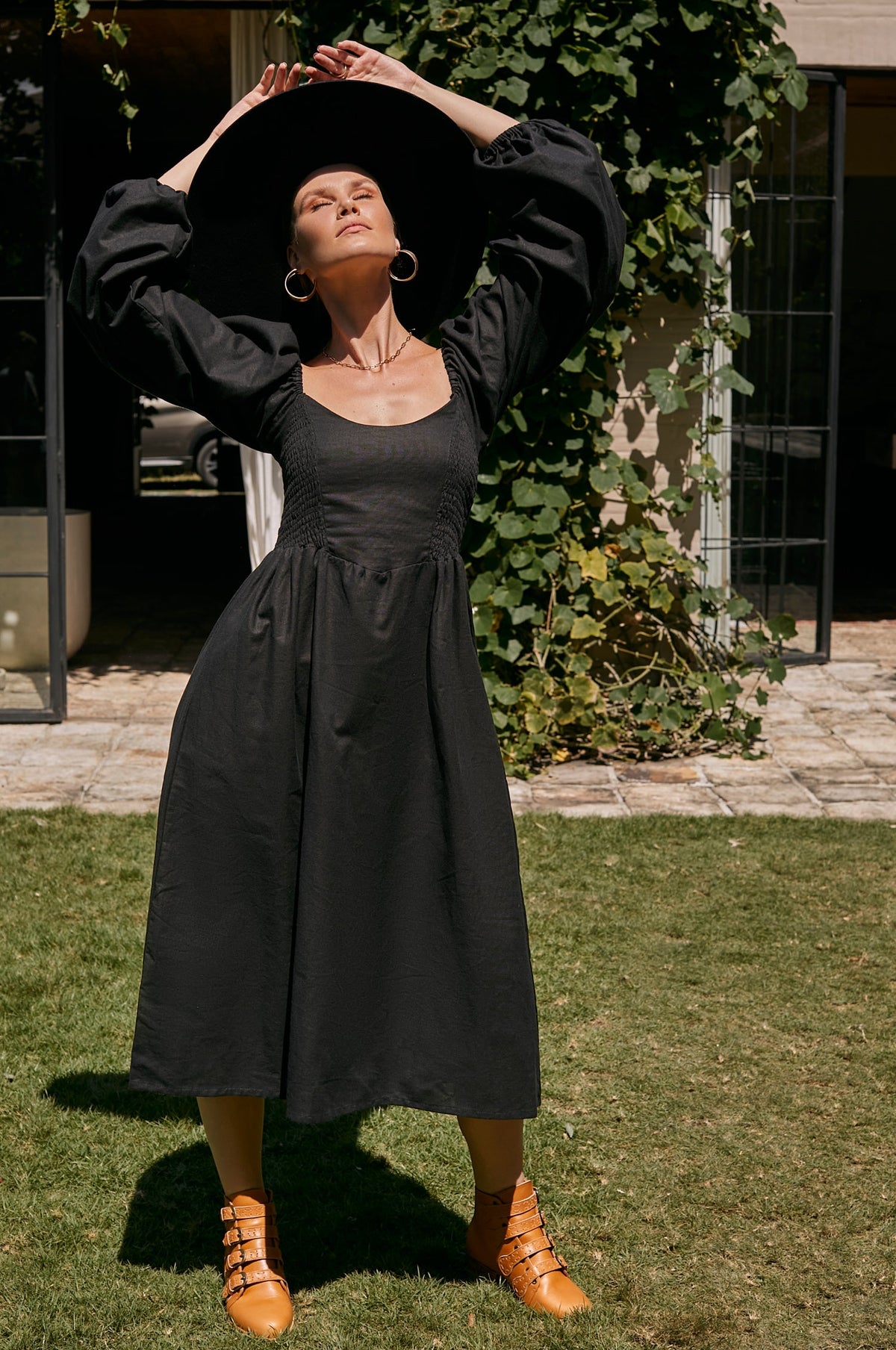 Alila Smocked Linen Midi Dress-5