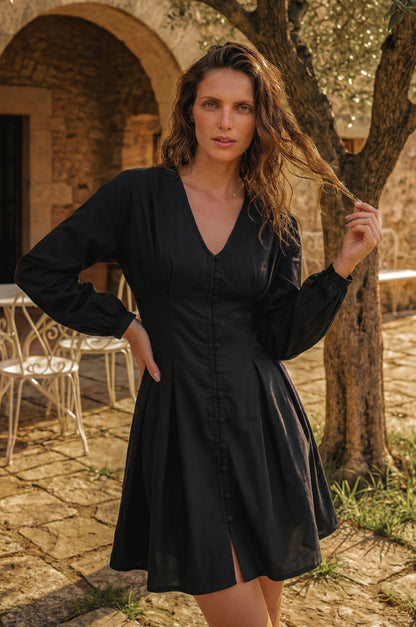 Etna Black Linen Long Sleeve Mini Dress Cinched Waist Lightweight-0