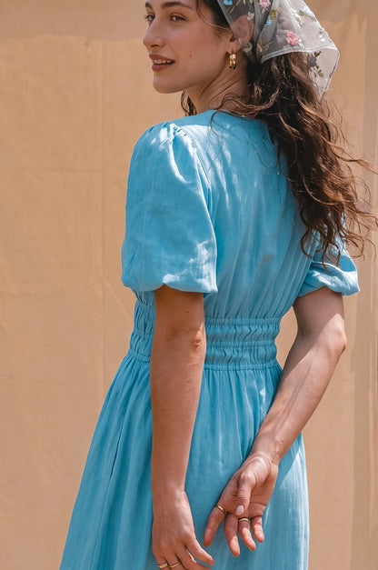 Ida Linen Midi Dress Blue V Neck Tiered Skirt Puffed Sleeves Summer Dress-3