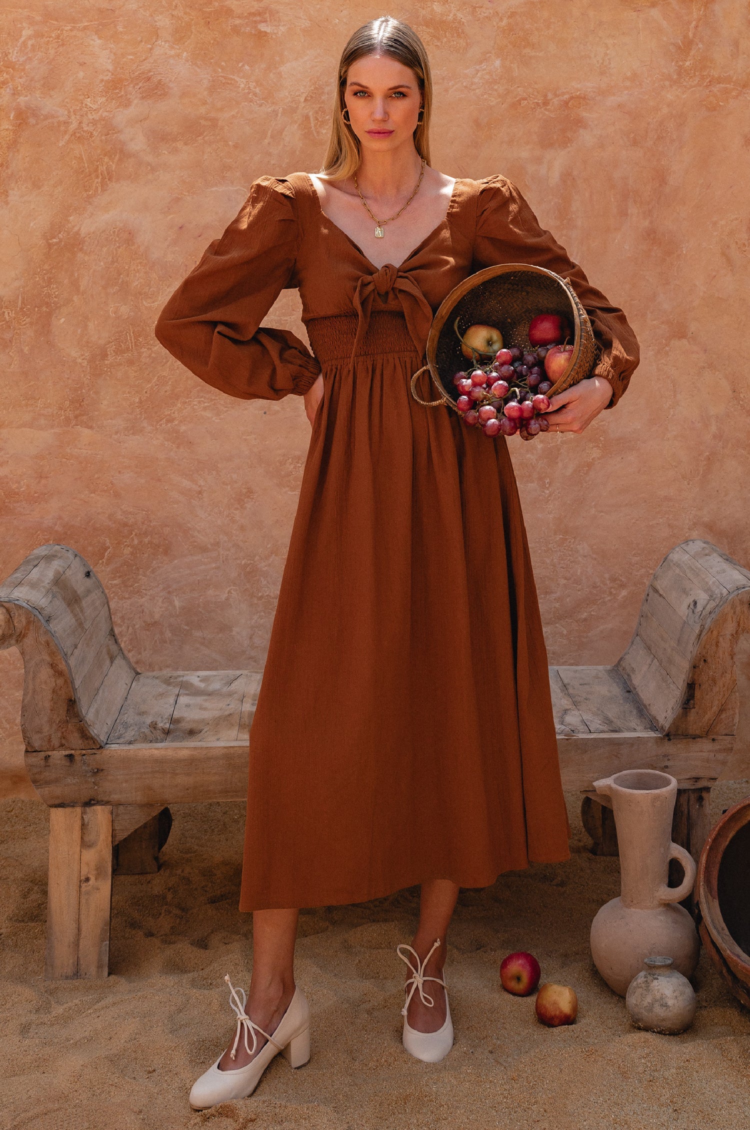 Narcisa Puff Sleeve Linen Midi Dress Shirred Waist Elastic Sleeves-5