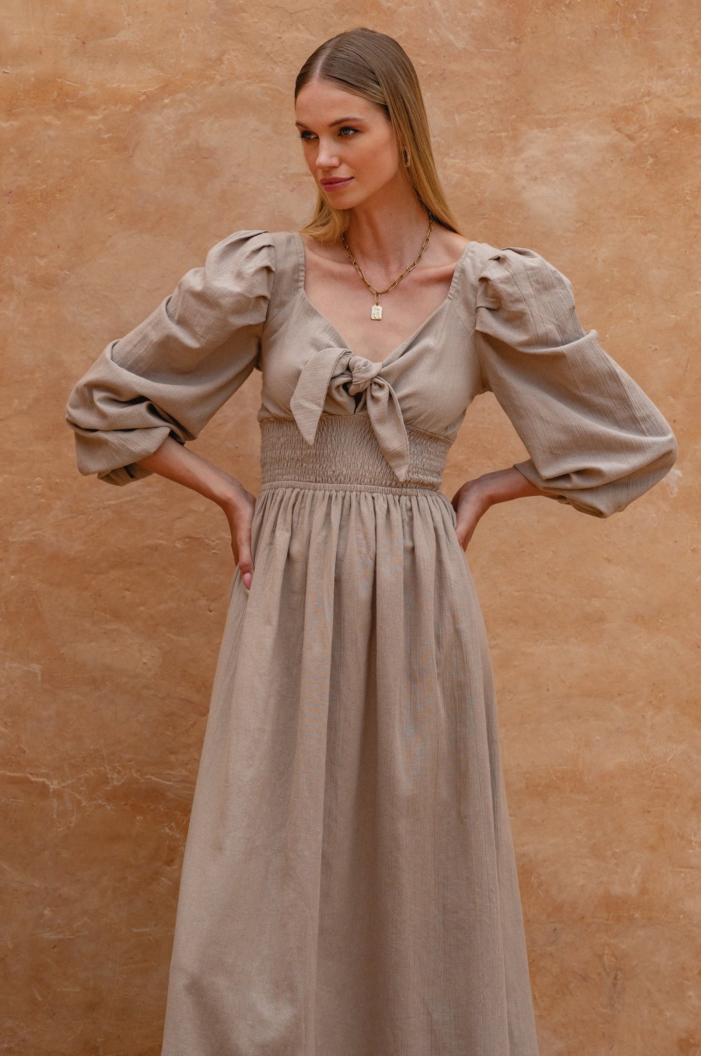 Narcisa Puff Sleeve Linen Midi Dress Shirred Waist Elastic Sleeves-0