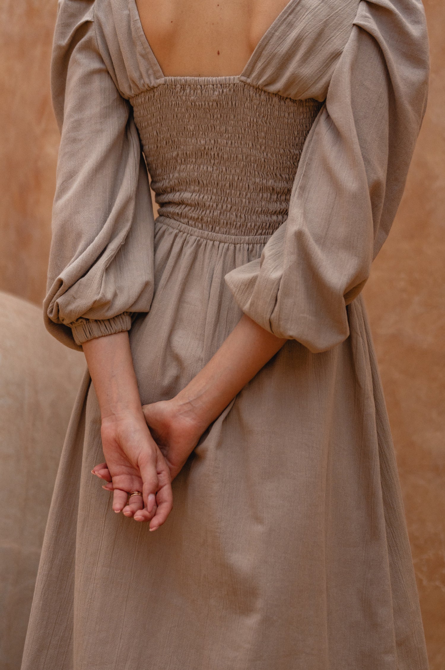 Narcisa Puff Sleeve Linen Midi Dress Shirred Waist Elastic Sleeves-2