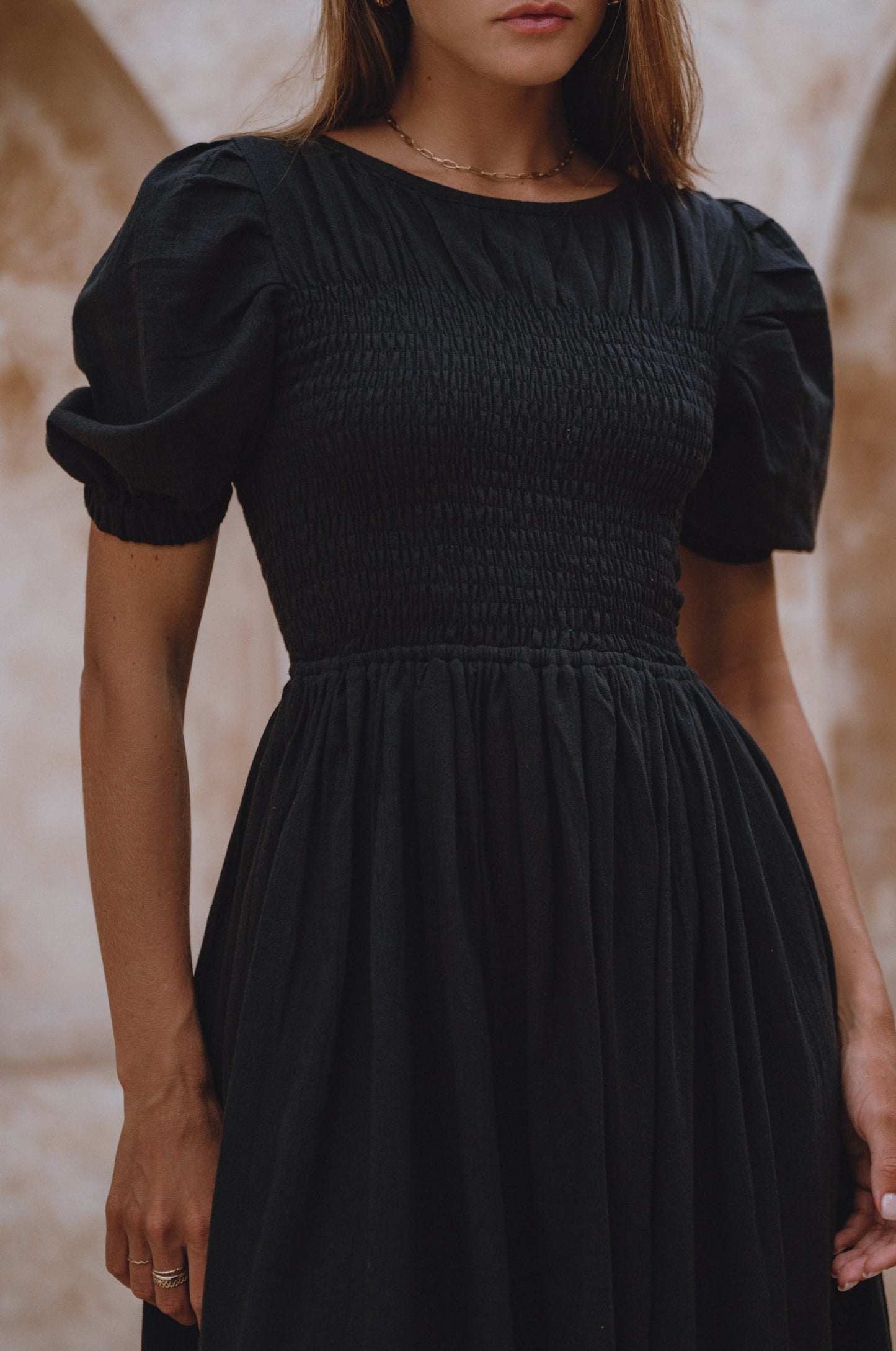 Sophie Smocked Linen Midi Dress Lightweight Puff Sleeve Black-1