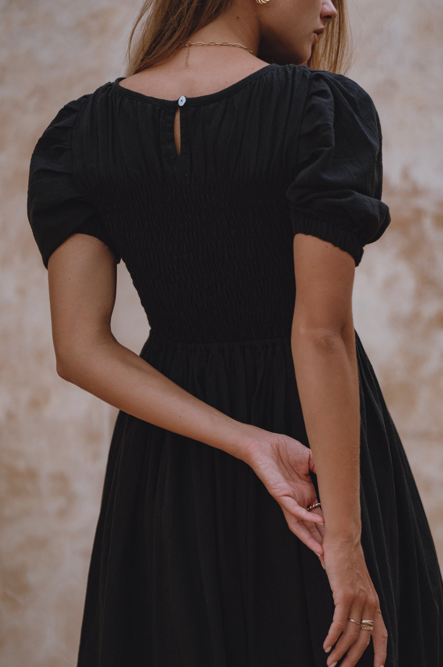 Sophie Smocked Linen Midi Dress Lightweight Puff Sleeve Black-2