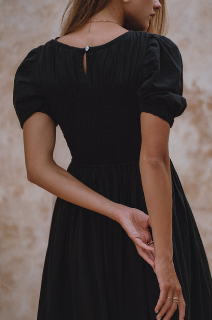 Sophie Smocked Linen Midi Dress Lightweight Puff Sleeve Black-2