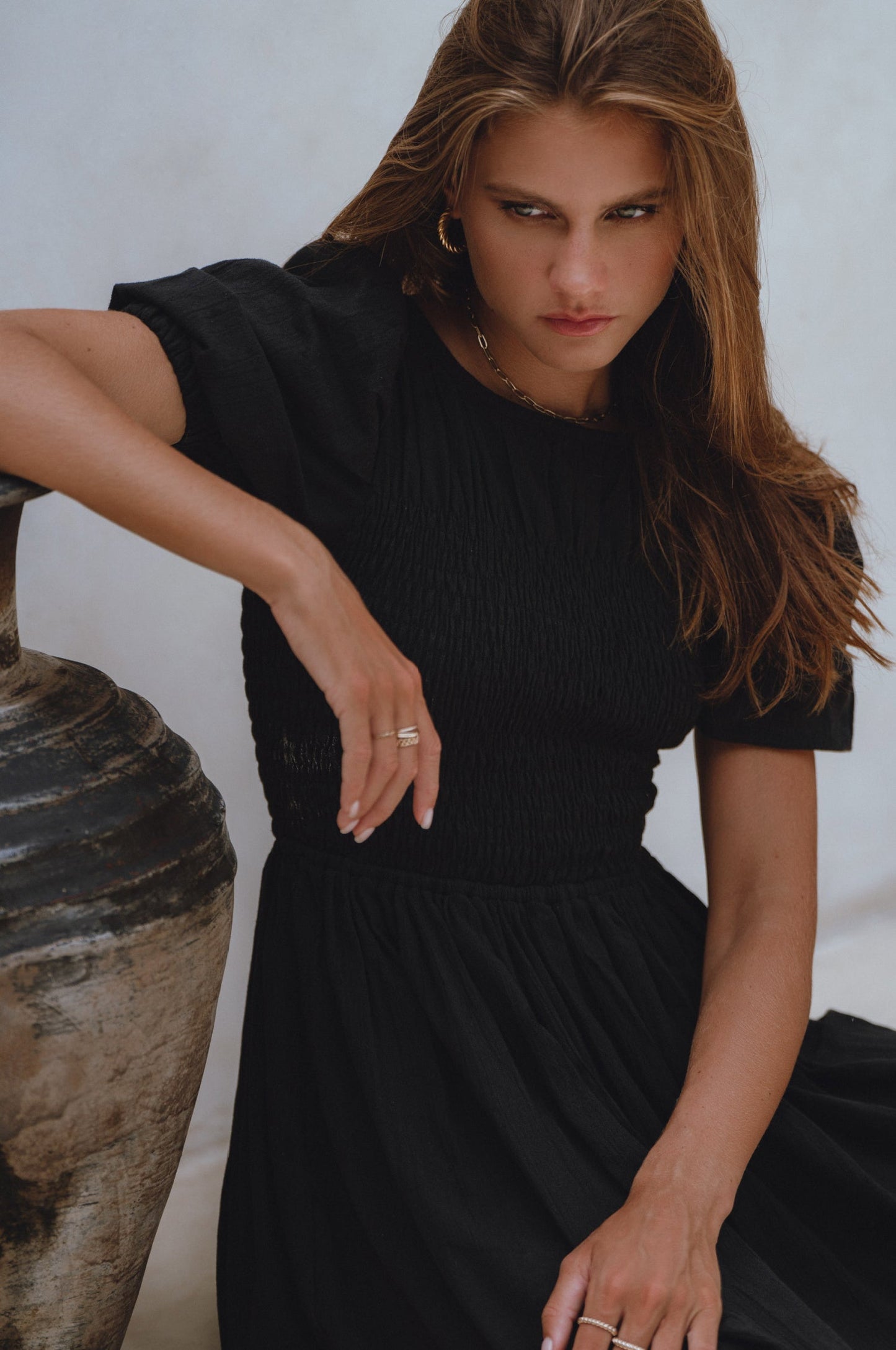 Sophie Smocked Linen Midi Dress Lightweight Puff Sleeve Black-3