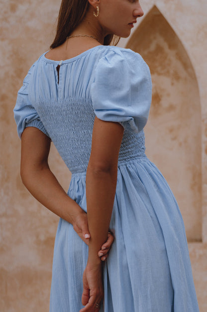 Sophie Smocked Linen Midi Dress Lightweight Puff Sleeve Summer Dress-2