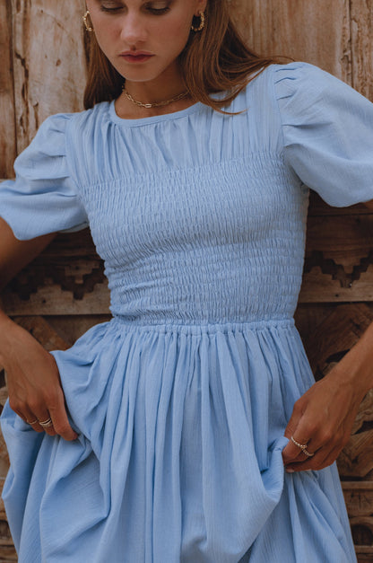 Sophie Smocked Linen Midi Dress Lightweight Puff Sleeve Summer Dress-4