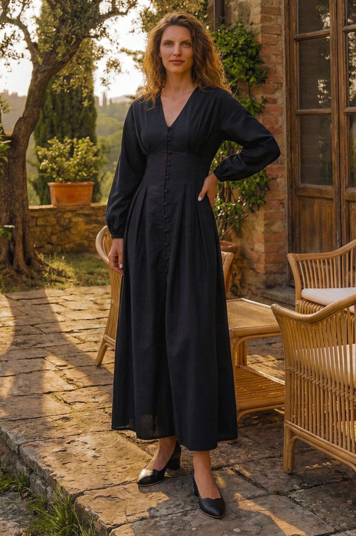 Toscana Button Down Linen Dress Midi Long Sleeve Pink Cinched Waist-4