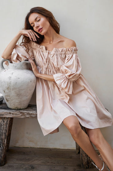 Vacay Off Shoulder Cotton Mini Dress Puff Sleeve Ruffle Sale-0