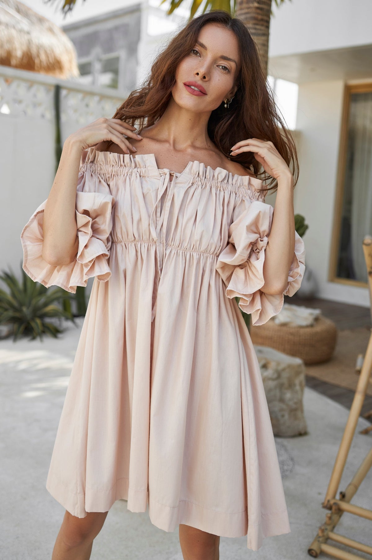 Vacay Off Shoulder Cotton Mini Dress Puff Sleeve Ruffle Sale-2