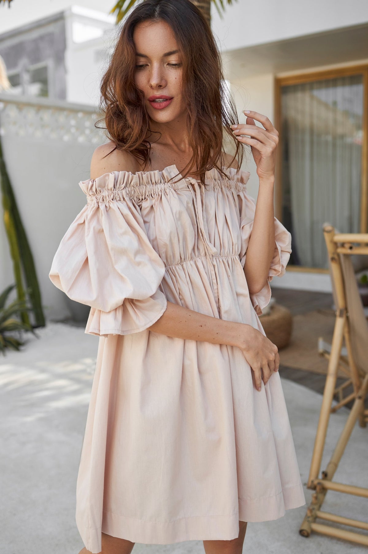 Vacay Off Shoulder Cotton Mini Dress Puff Sleeve Ruffle Sale-3