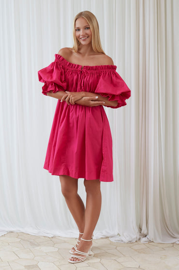Vacay Off Shoulder Cotton Mini Dress Puff Sleeve Ruffle Sale-6