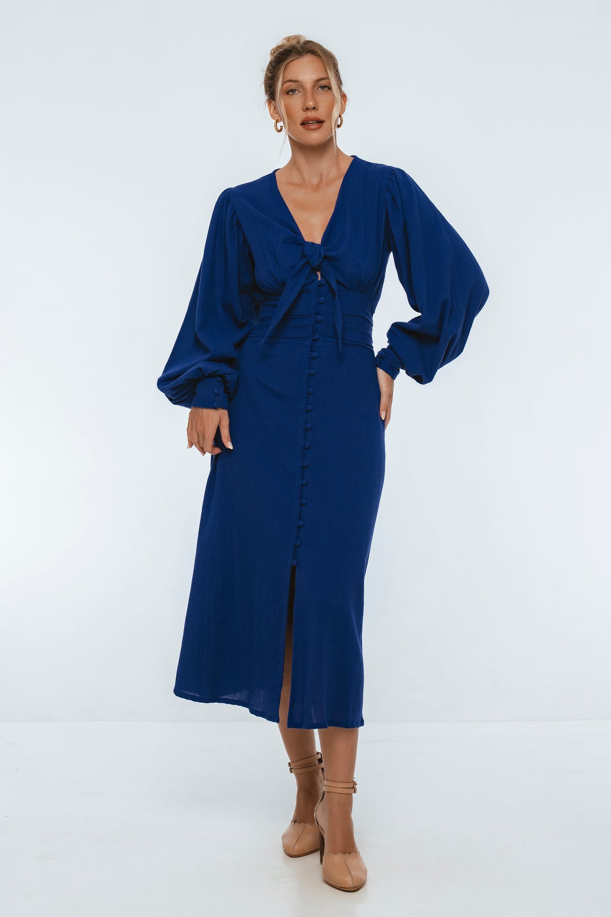 Velvet Sky Long Sleeve Linen Midi Dress-6