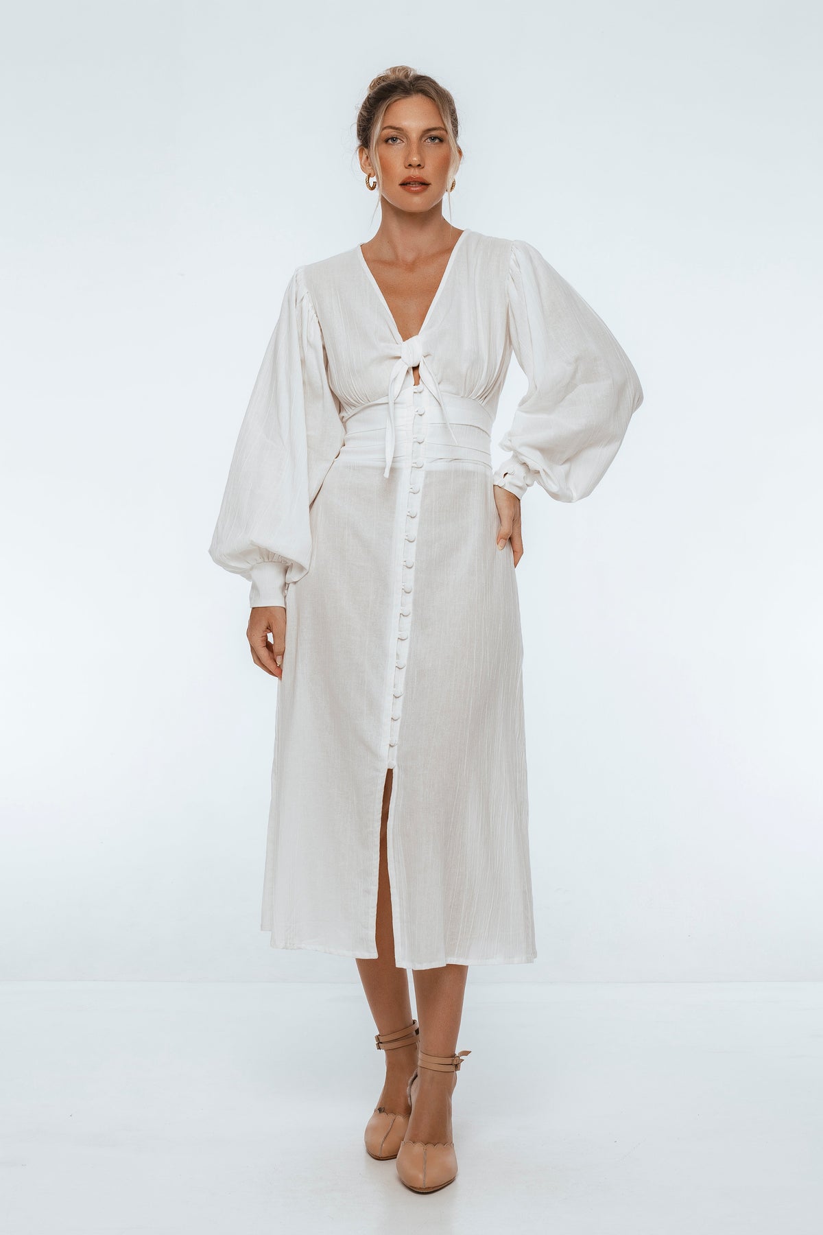 Velvet Sky Long Sleeve Linen Midi Dress-5