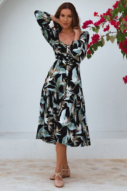 Verona Long Sleeve Midi Dress Puff Sleeve Smocked Back Sale-3