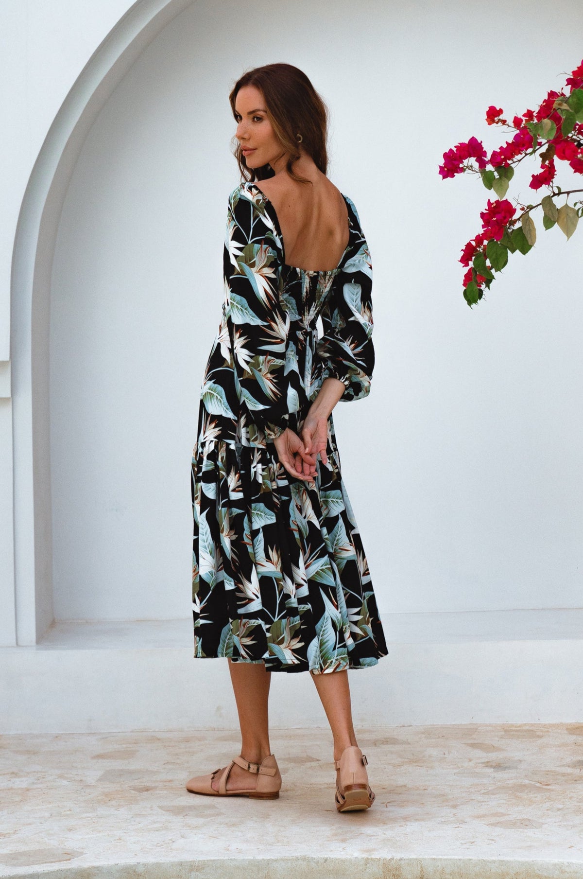 Verona Long Sleeve Midi Dress Puff Sleeve Smocked Back Sale-4