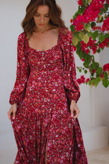 Verona Long Sleeve Midi Dress Puff Sleeve Smocked Back Sale-5
