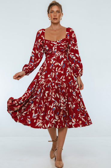 Verona Long Sleeve Midi Dress Puff Sleeve Smocked Back Sale-6